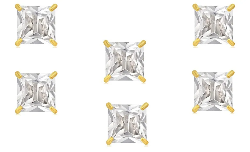 14k Yellow Gold Plated 1Ct Square Cut White Sapphire Set Of Three Stud Earrings