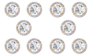 14k Yellow Gold Plated 3Ct Round White Sapphire Set Of Five Halo Stud Earrings