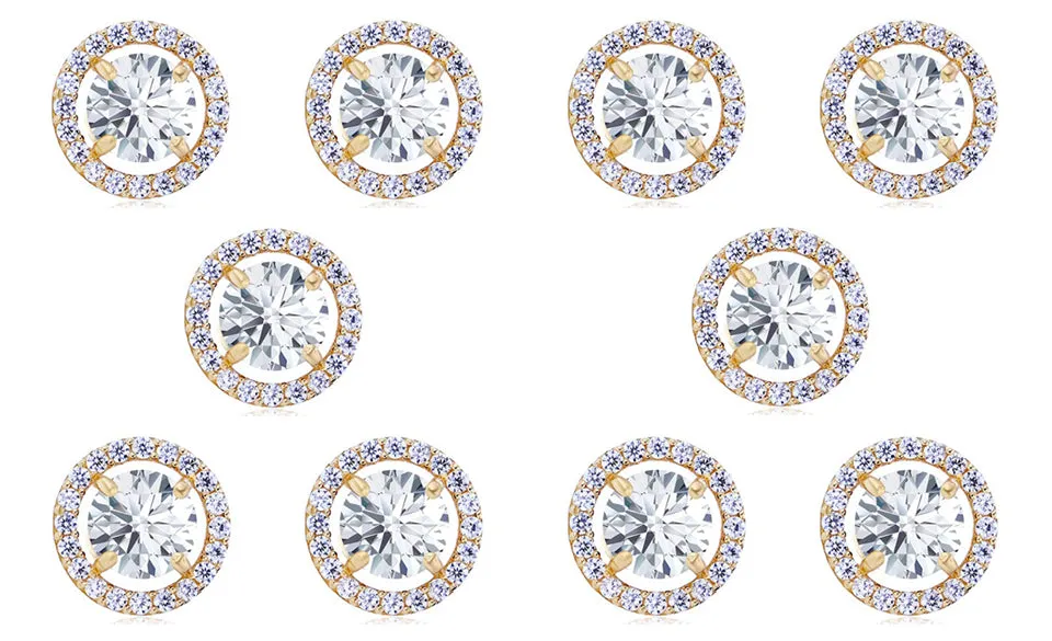 14k Yellow Gold Plated 3Ct Round White Sapphire Set Of Five Halo Stud Earrings