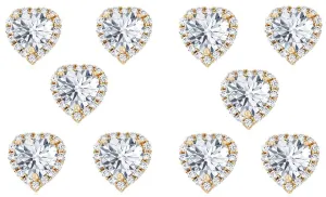 14k Yellow Gold Plated 4mm 1Ct Heart White Sapphire Set of Five Halo Stud Earrings