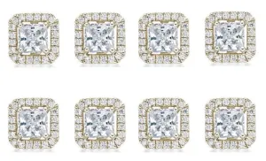 14k Yellow Gold Plated 6mm 4Ct Princess Cut White Sapphire Set of Four Halo Stud Earrings