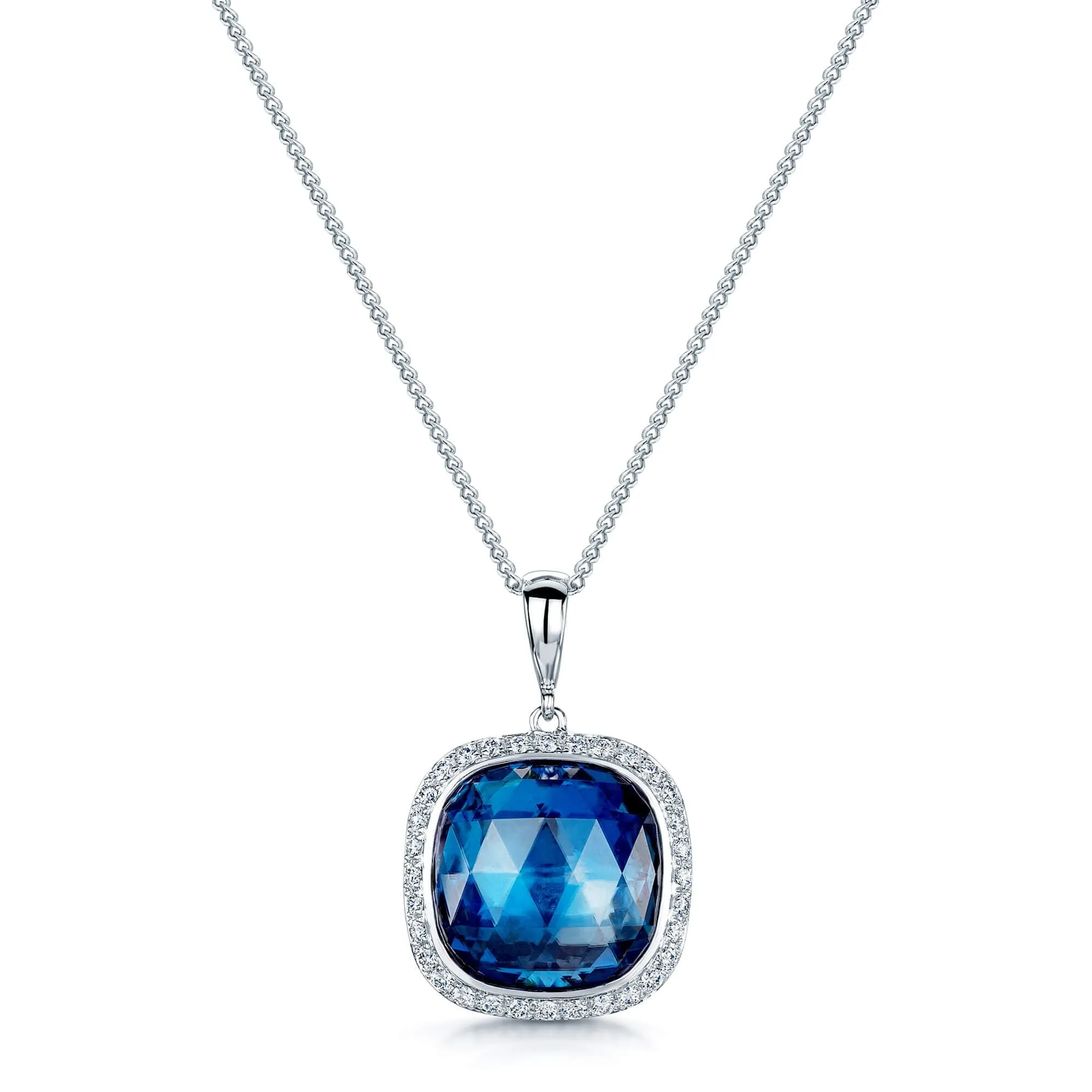 18ct White Gold Cushion Cut Topaz Diamond Halo Pendant