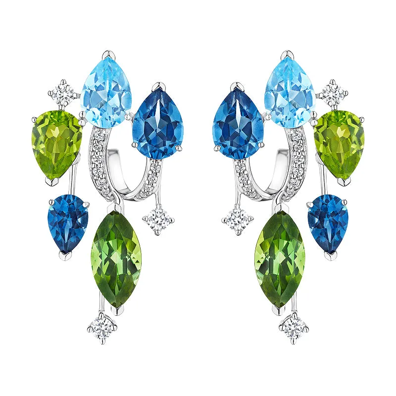 18k Amazonia (cocar) White Gold Earring With 0.39 Cts Vs-Gh Diamonds  And Topaz And Peridot And Tourmaline
