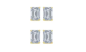 18k Yellow Gold 1Ct Emerald Cut White Sapphire Set Of Two Stud Earrings Plated