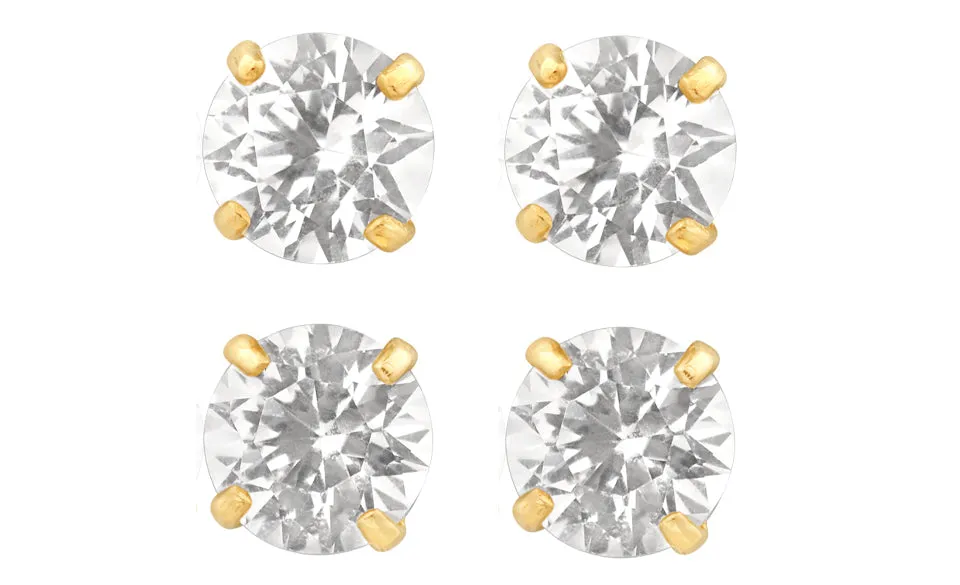 18k Yellow Gold Plated 1/2Ct Round White Sapphire Set Of Two Stud Earrings