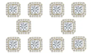 18k Yellow Gold Plated 3Ct Princess Cut White Sapphire Set of Five Halo Stud Earrings