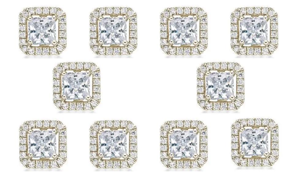 18k Yellow Gold Plated 3Ct Princess Cut White Sapphire Set of Five Halo Stud Earrings
