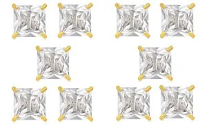 18k Yellow Gold Plated 3Ct Square Cut White Sapphire Set Of Five Stud Earrings