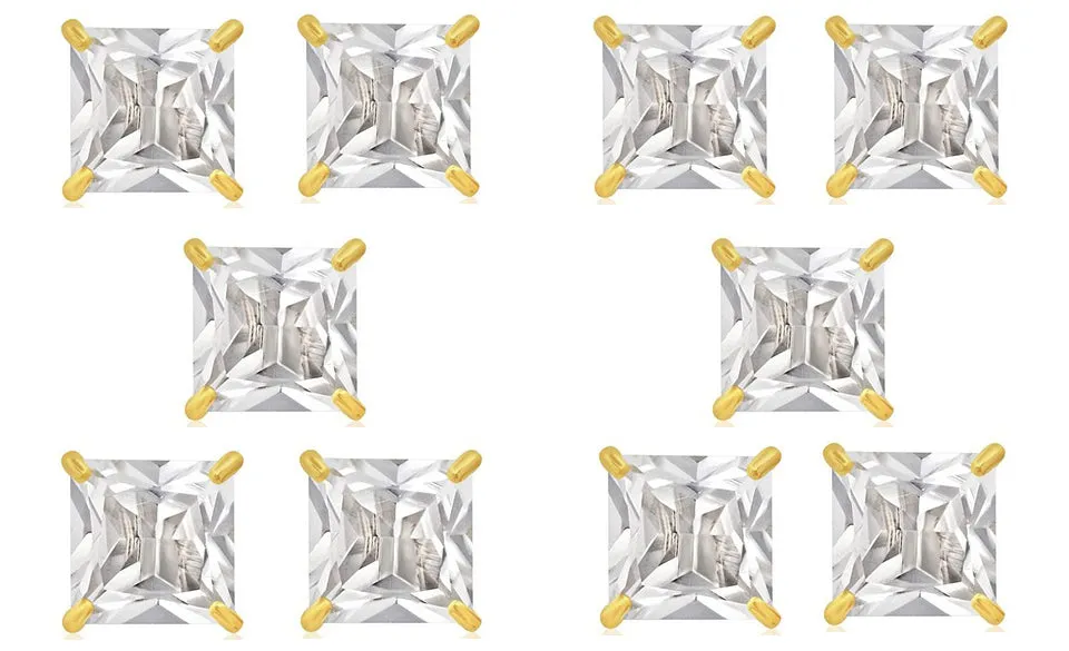 18k Yellow Gold Plated 3Ct Square Cut White Sapphire Set Of Five Stud Earrings