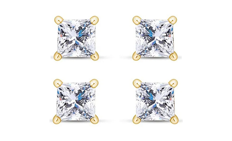 18k Yellow Gold Plated 4Ct Princess Cut White Sapphire Set Of Two Stud Earrings