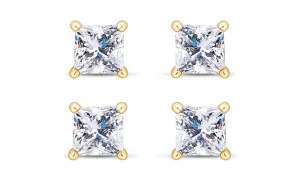 18k Yellow Gold Plated 4Ct Princess Cut White Sapphire Set Of Two Stud Earrings