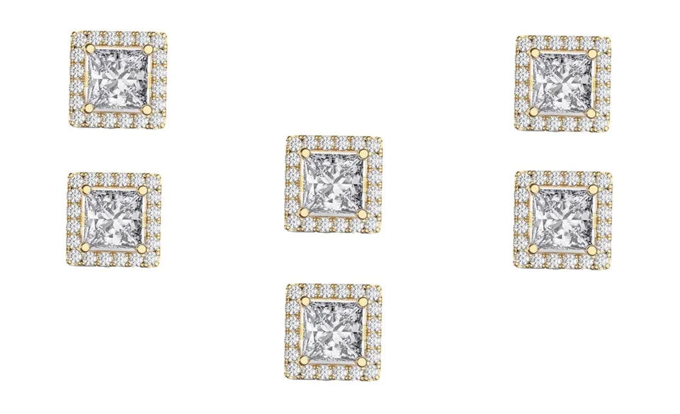 18k Yellow Gold Plated 4mm 1Ct Square Cut White Sapphire Set of Three Halo Stud Earrings