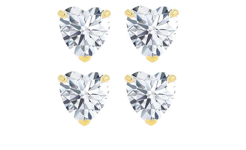 18k Yellow Gold Plated 4mm 3Ct Heart White Sapphire Set Of Two Stud Earrings