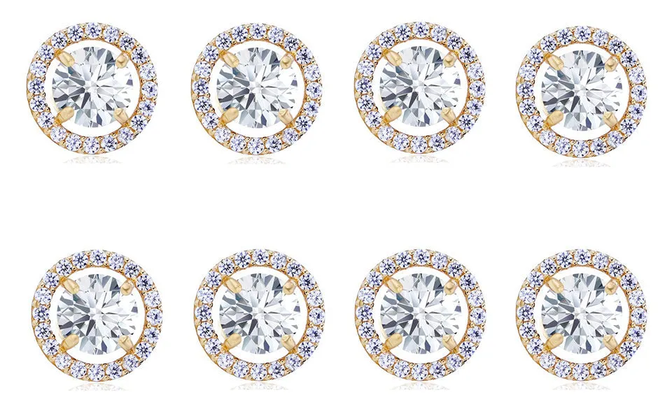 18k Yellow Gold Plated 6mm 1/2Ct Round White Sapphire Set Of Four Halo Stud Earrings