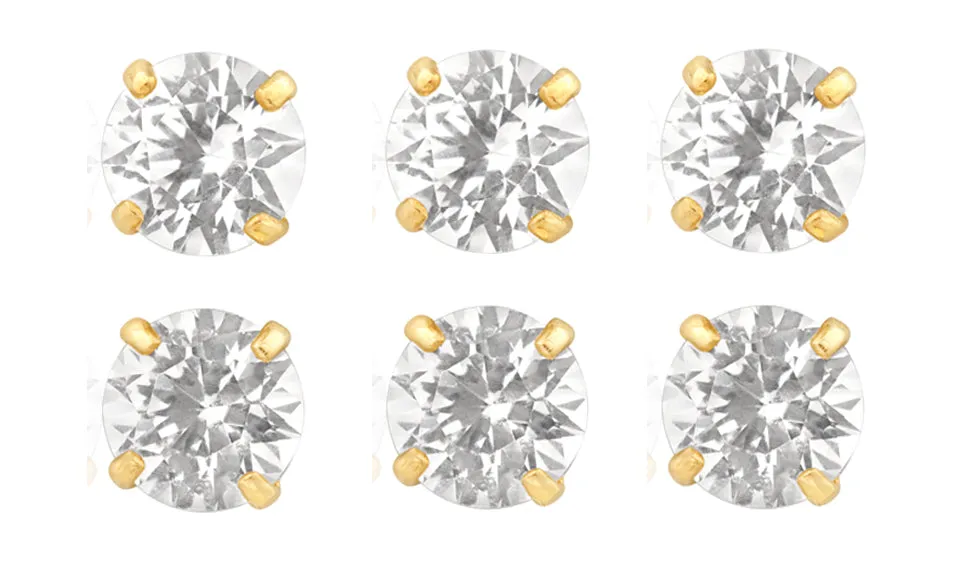 18k Yellow Gold Plated 6mm 1/2Ct Round White Sapphire Set Of Three Stud Earrings