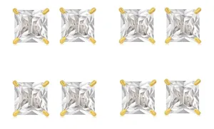 18k Yellow Gold Plated 6mm 1/2Ct Square Cut White Sapphire Set Of Four Stud Earrings