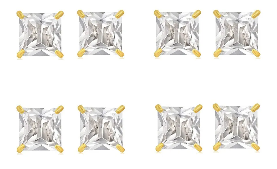 18k Yellow Gold Plated 6mm 1/2Ct Square Cut White Sapphire Set Of Four Stud Earrings