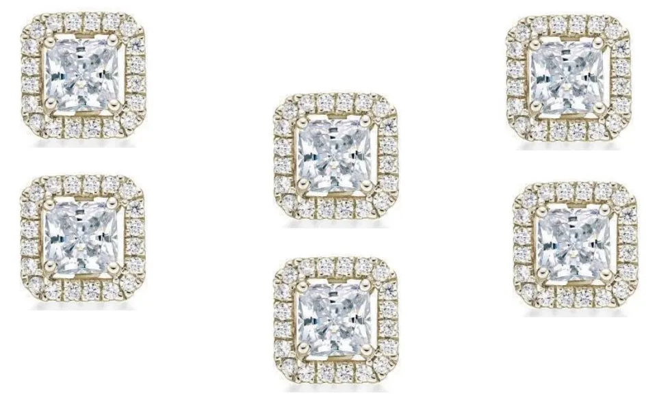 18k Yellow Gold Plated 6mm 1Ct Princess Cut White Sapphire Set of Three Halo Stud Earrings