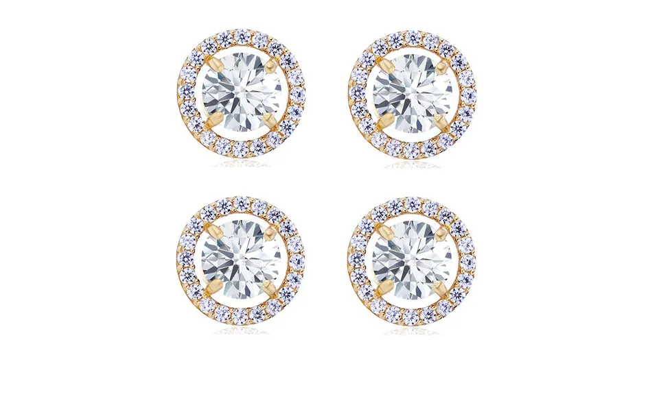 18k Yellow Gold Plated 6mm 4Ct Round White Sapphire Set of Two Halo Stud Earrings