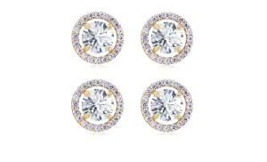 18k Yellow Gold Plated 6mm 4Ct Round White Sapphire Set of Two Halo Stud Earrings