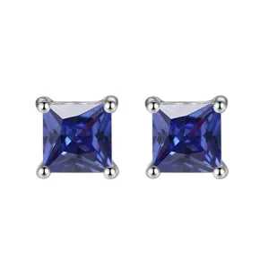 24k White Gold Plated 2 Cttw Blue Sapphire Princess Cut Stud Earrings