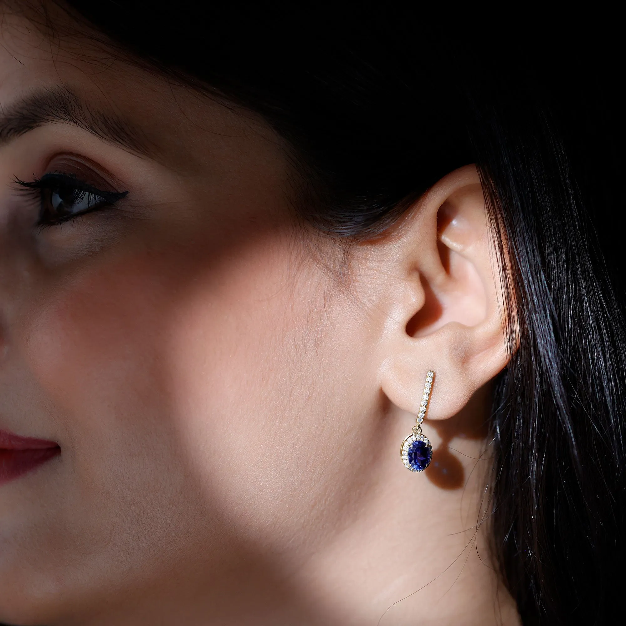 2.5 CT Hoop Drop Earrings with Created Blue Sapphire and Moissanite Halo