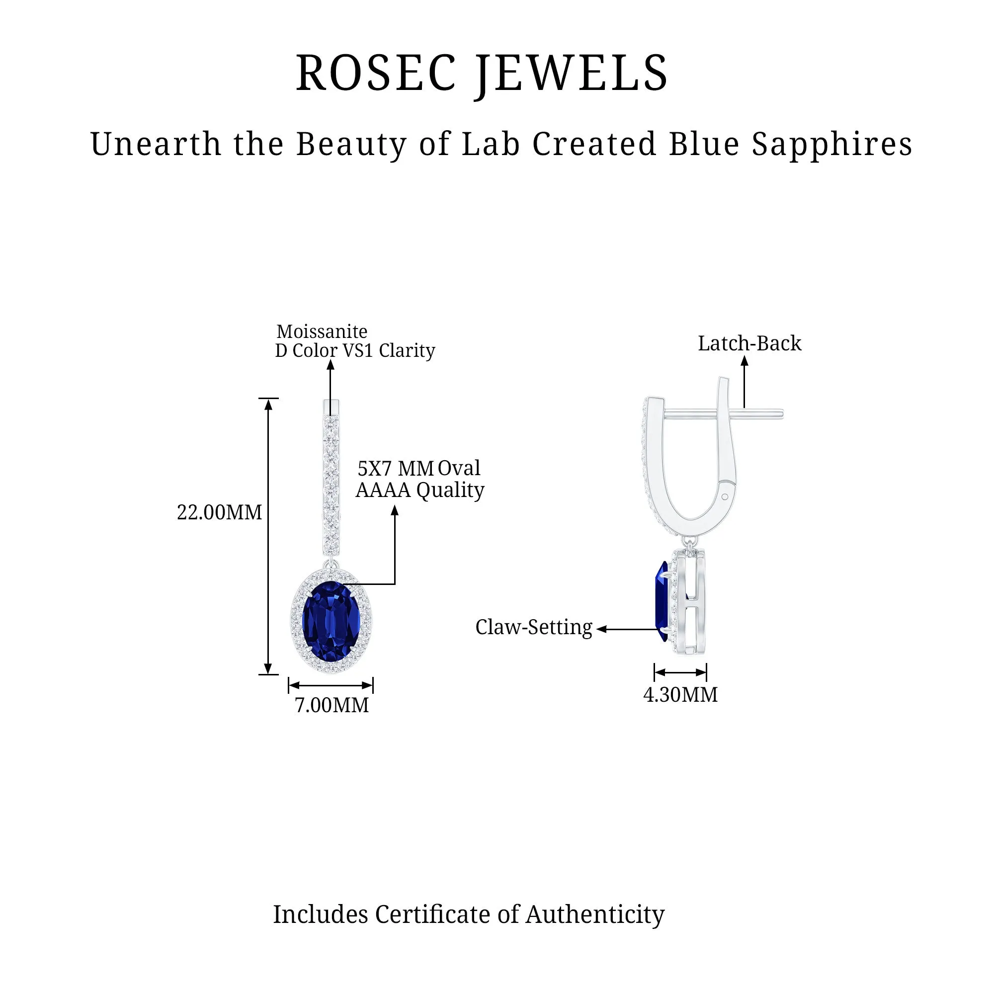 2.5 CT Hoop Drop Earrings with Created Blue Sapphire and Moissanite Halo
