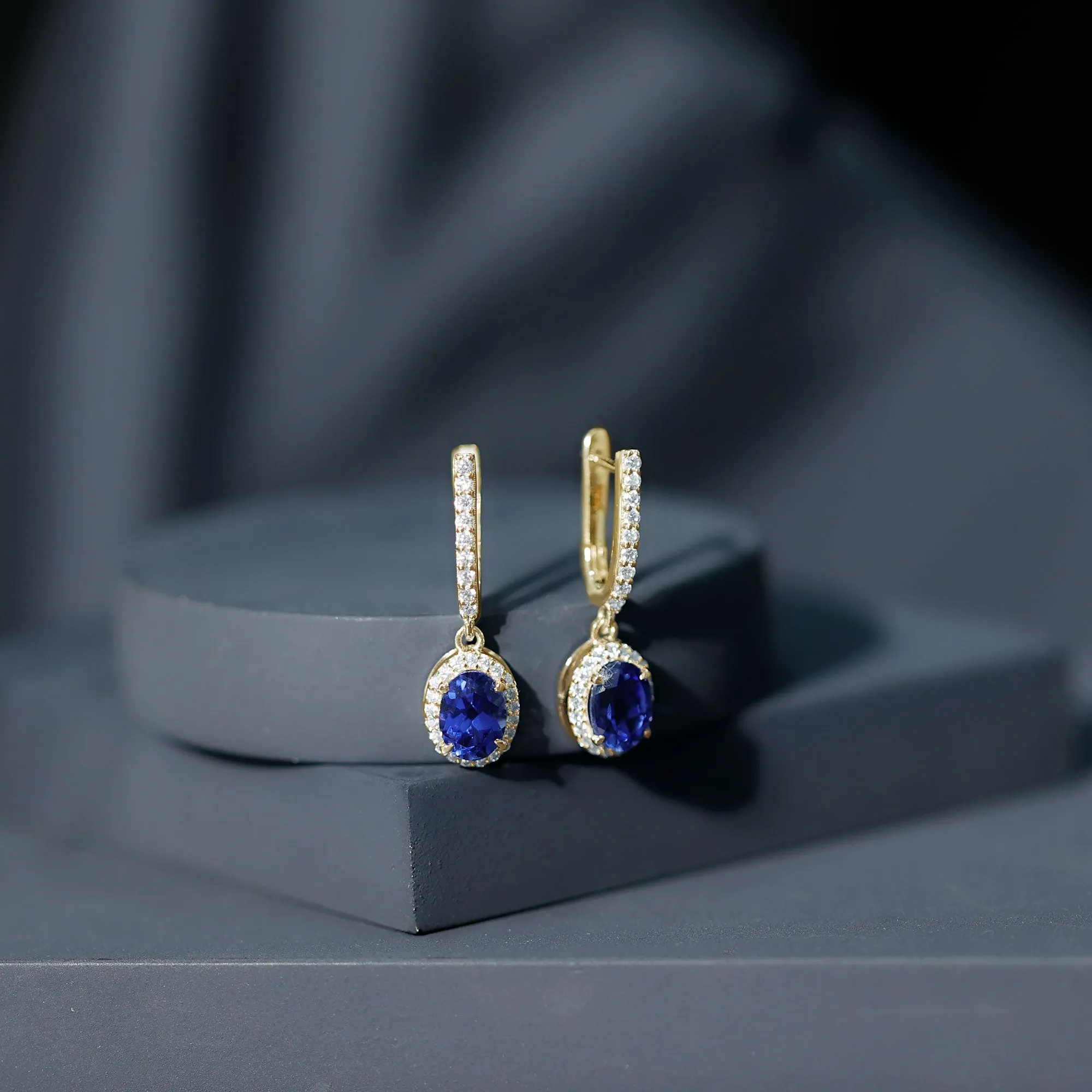 2.5 CT Hoop Drop Earrings with Created Blue Sapphire and Moissanite Halo