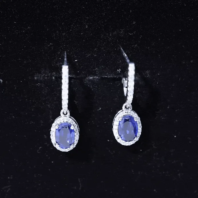 2.5 CT Hoop Drop Earrings with Created Blue Sapphire and Moissanite Halo