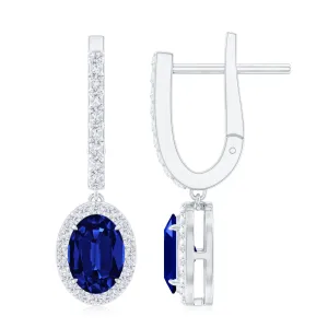 2.5 CT Hoop Drop Earrings with Created Blue Sapphire and Moissanite Halo