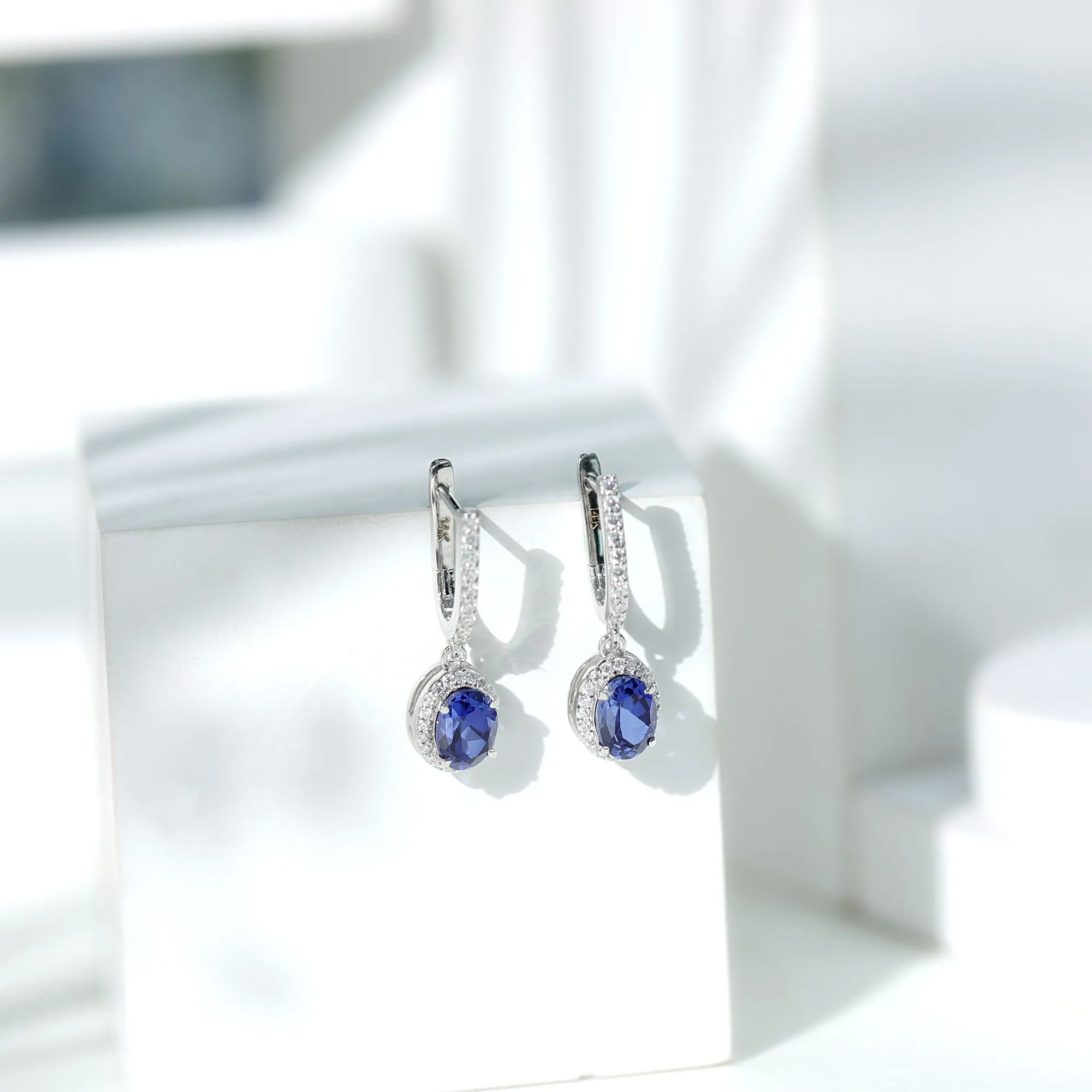 2.5 CT Hoop Drop Earrings with Created Blue Sapphire and Moissanite Halo