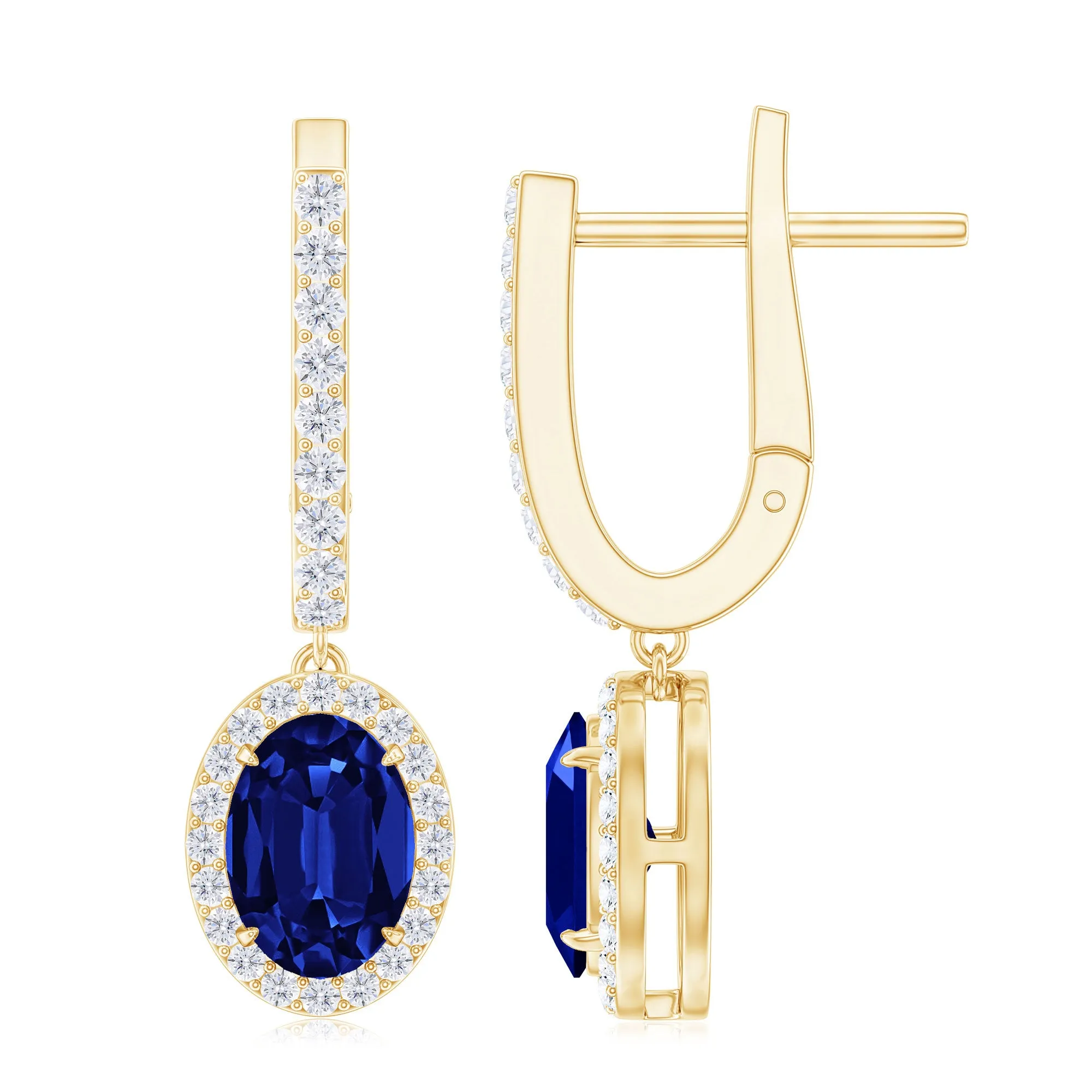 2.5 CT Hoop Drop Earrings with Created Blue Sapphire and Moissanite Halo