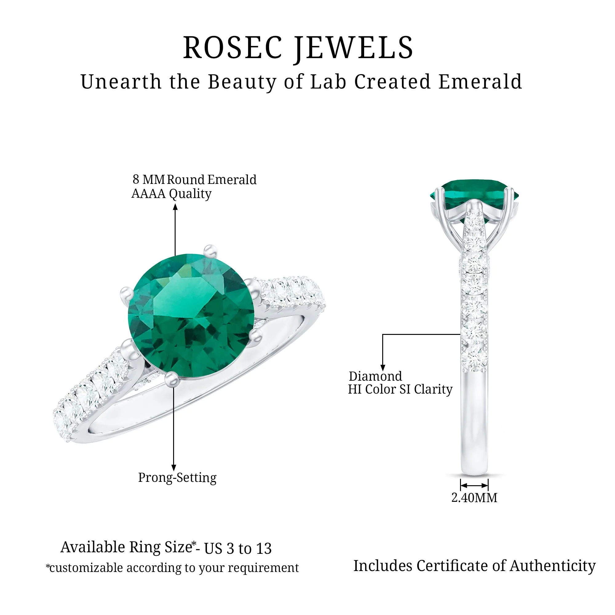 2.75 CT Created Emerald Solitaire Engagement Ring with Diamond Accent