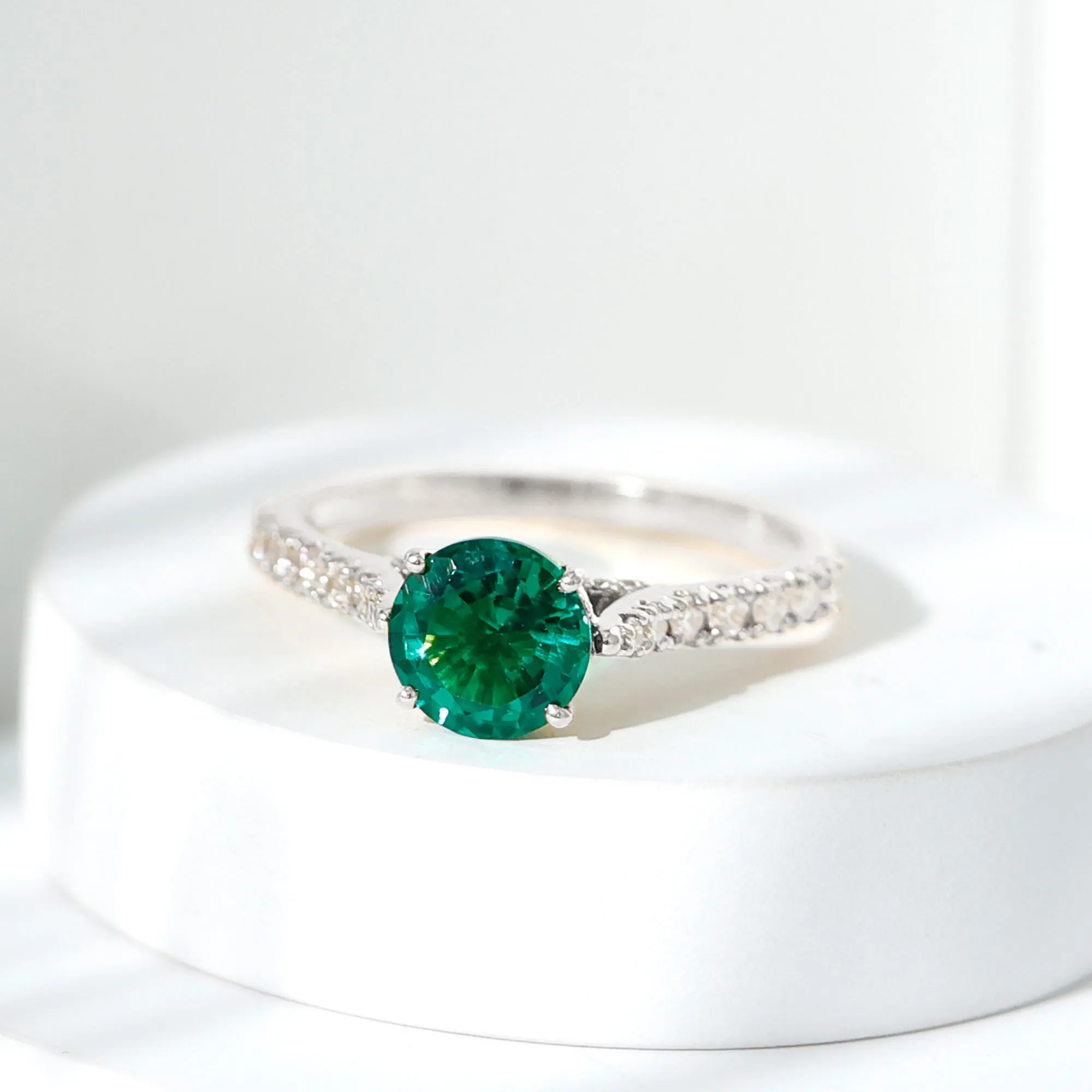 2.75 CT Created Emerald Solitaire Engagement Ring with Diamond Accent