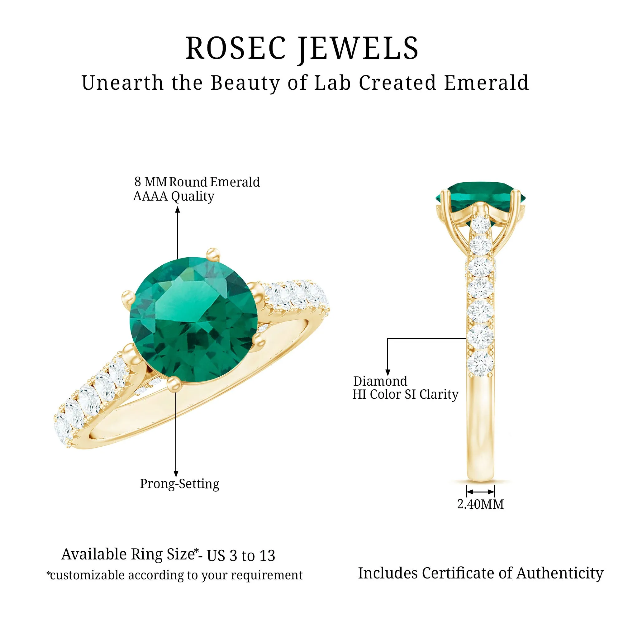2.75 CT Created Emerald Solitaire Engagement Ring with Diamond Accent