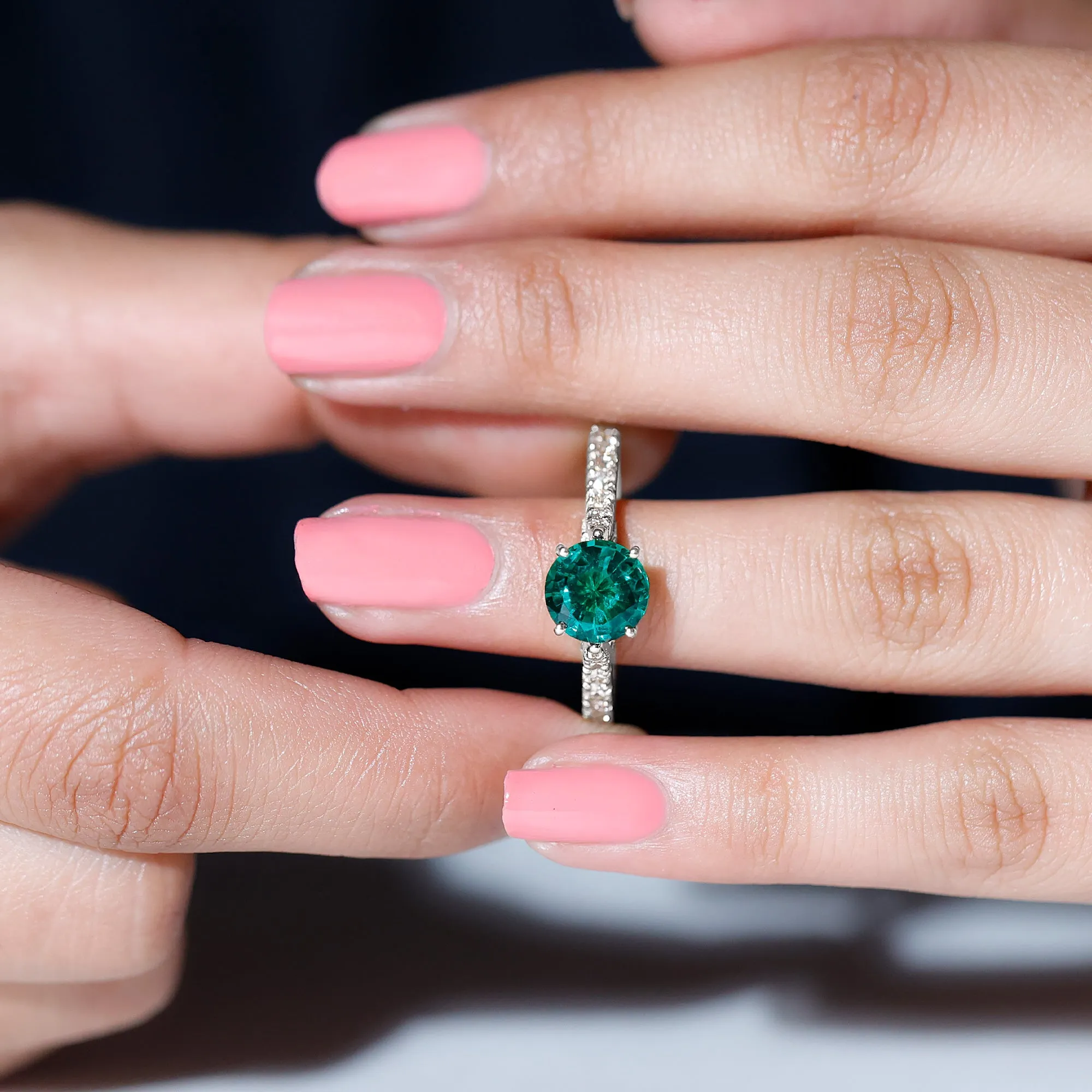 2.75 CT Created Emerald Solitaire Engagement Ring with Diamond Accent