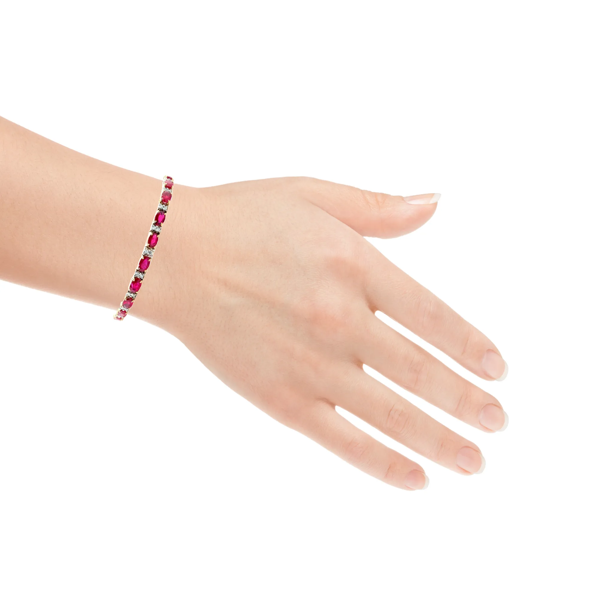 6.27 Carat Total Ruby and Diamond, Yellow and White Gold Tennis Bracelet