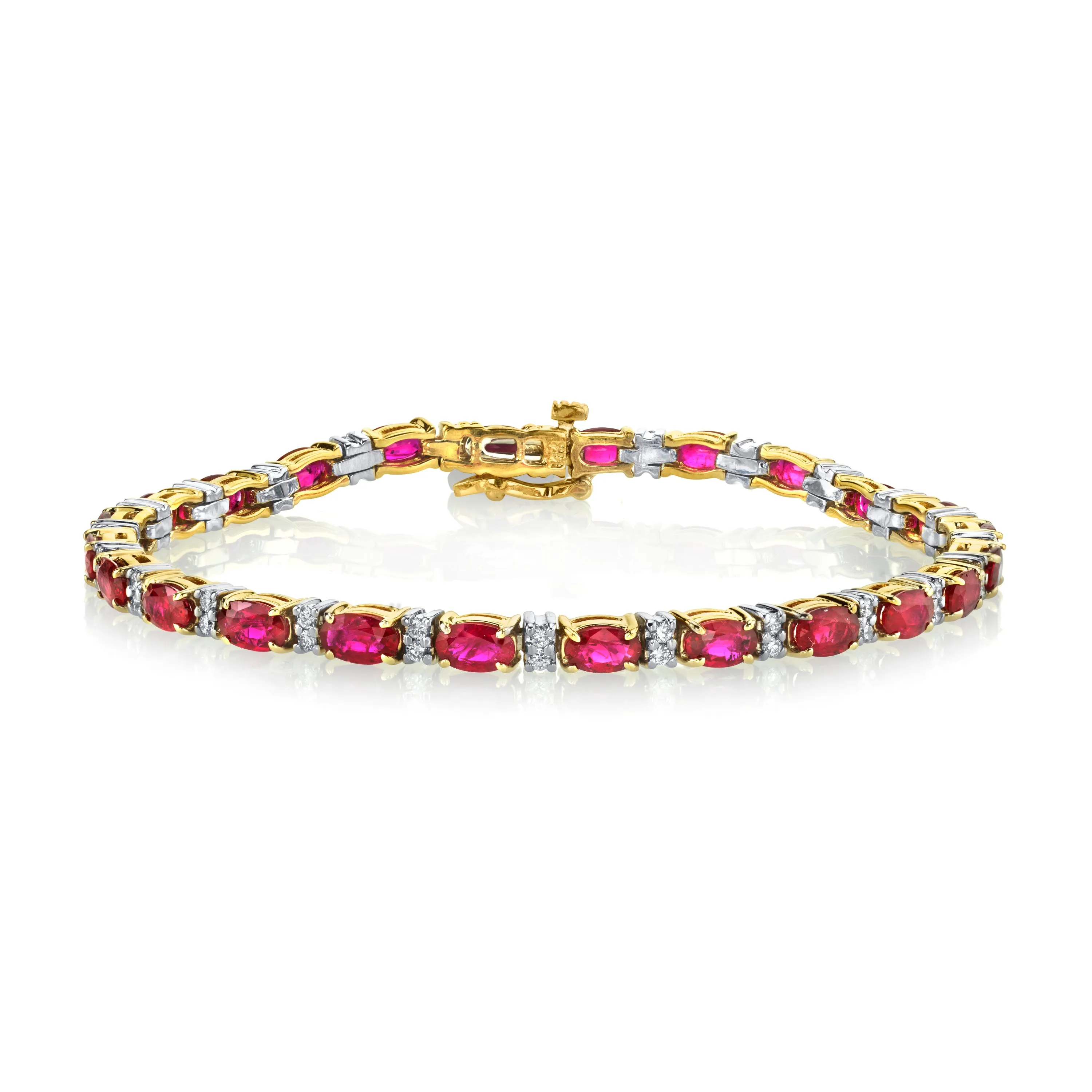 6.27 Carat Total Ruby and Diamond, Yellow and White Gold Tennis Bracelet