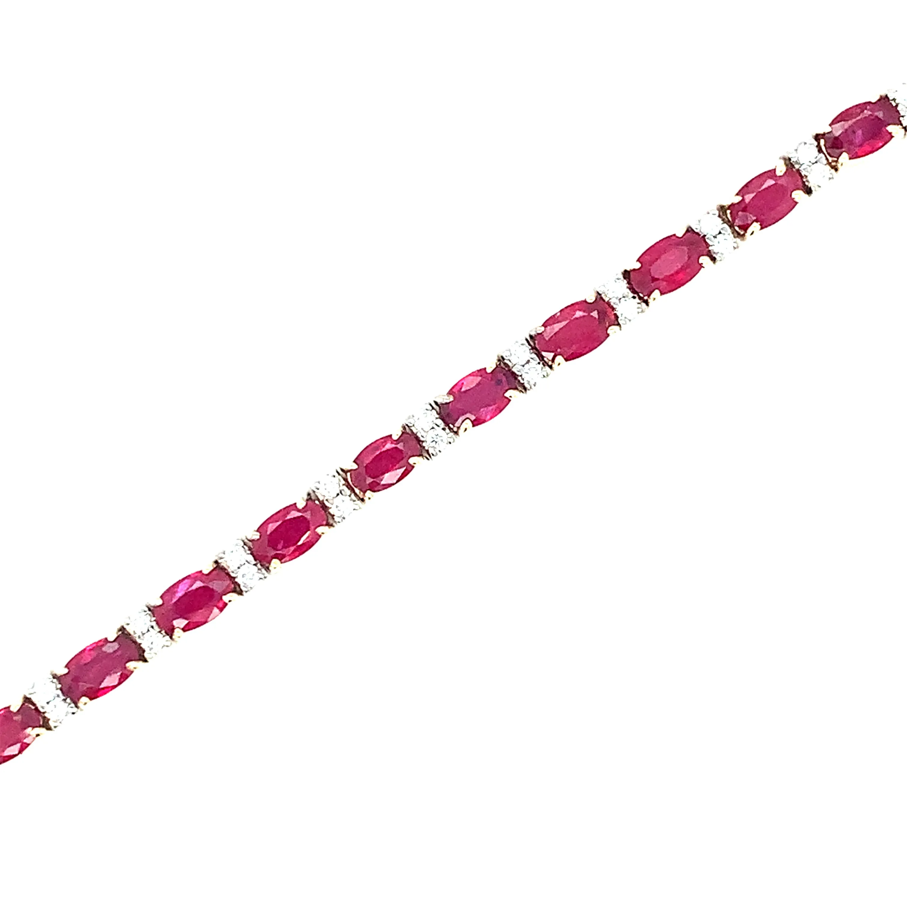 6.27 Carat Total Ruby and Diamond, Yellow and White Gold Tennis Bracelet