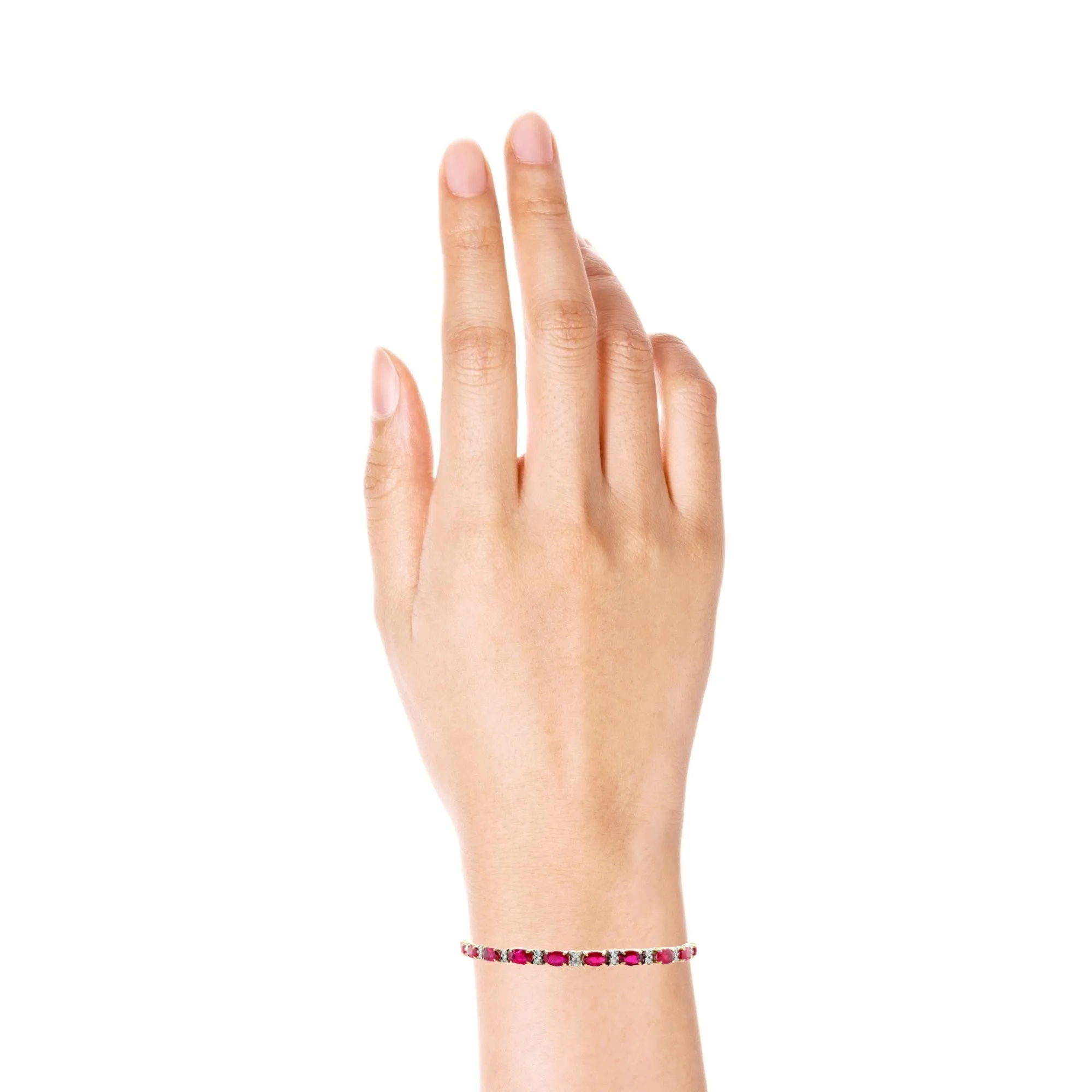 6.27 Carat Total Ruby and Diamond, Yellow and White Gold Tennis Bracelet