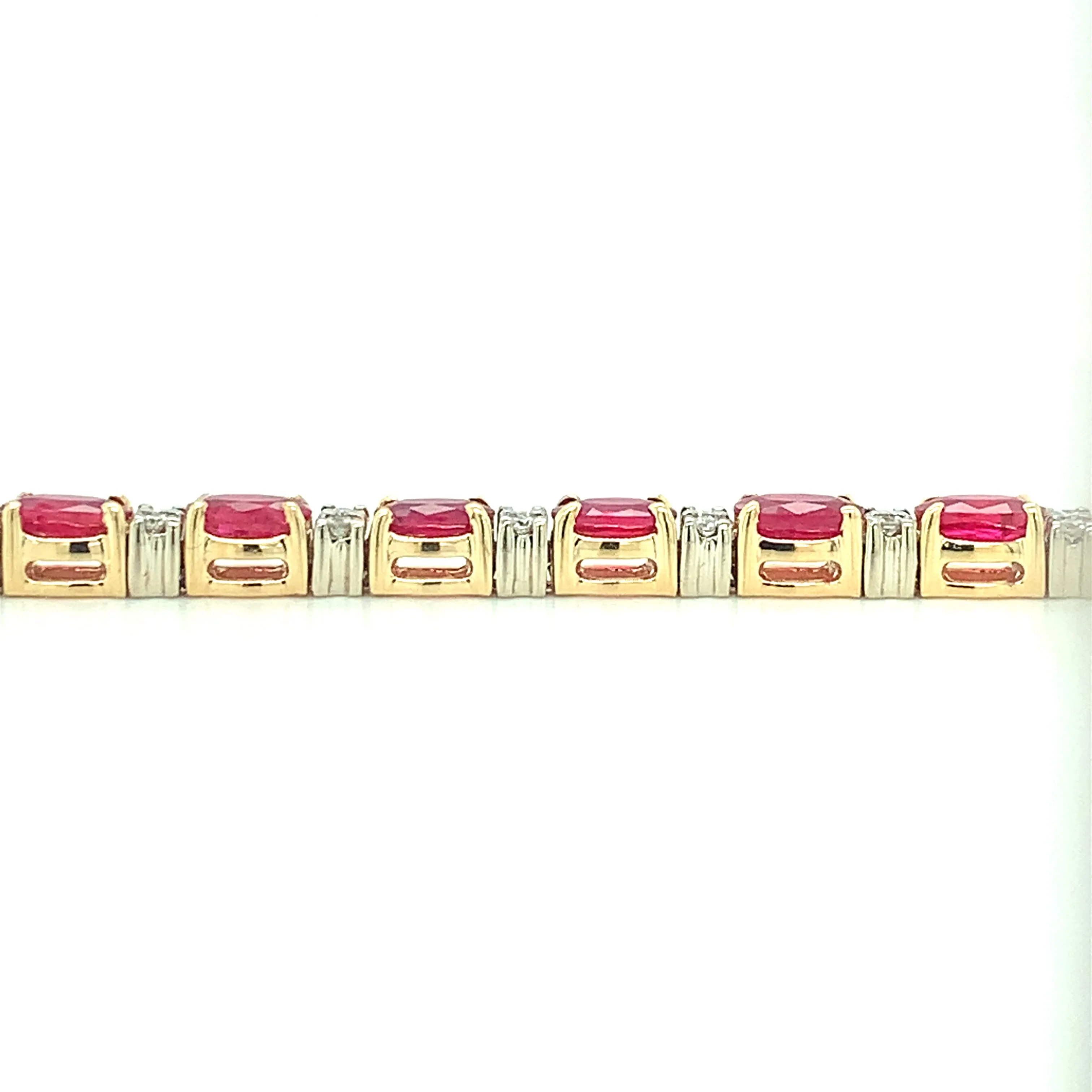 6.27 Carat Total Ruby and Diamond, Yellow and White Gold Tennis Bracelet