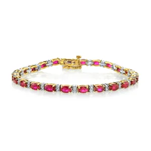 6.27 Carat Total Ruby and Diamond, Yellow and White Gold Tennis Bracelet