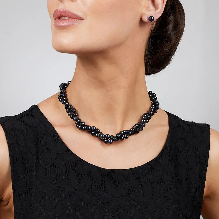 7mm AA Grade Double Row Black Pearl Necklace Bracelet Set For Women