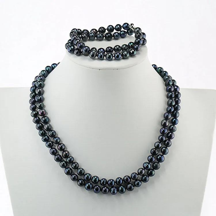 7mm AA Grade Double Row Black Pearl Necklace Bracelet Set For Women