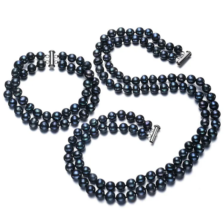 7mm AA Grade Double Row Black Pearl Necklace Bracelet Set For Women