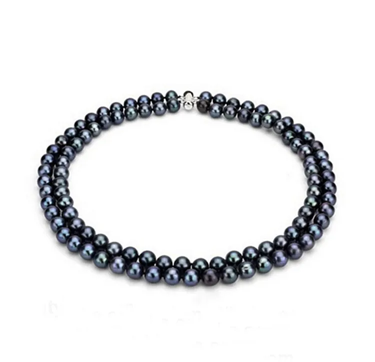 7mm AA Grade Double Row Black Pearl Necklace Bracelet Set For Women