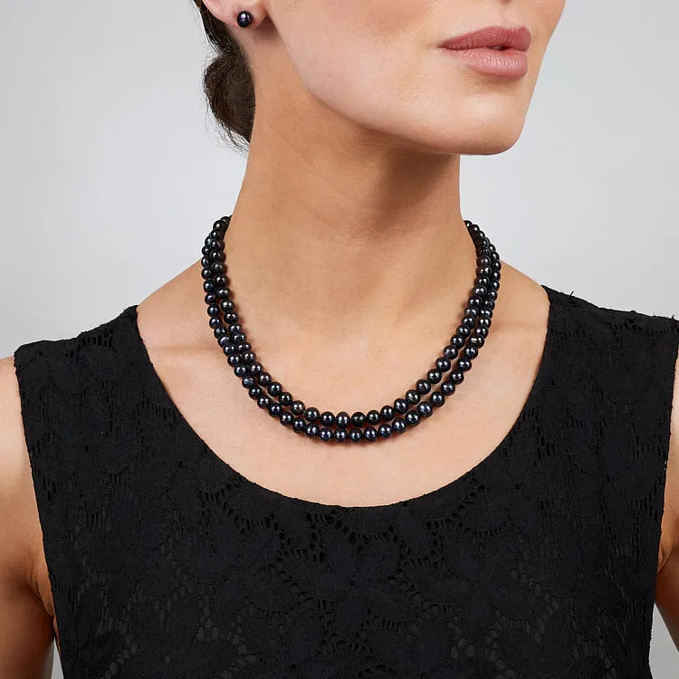 7mm AA Grade Double Row Black Pearl Necklace Bracelet Set For Women
