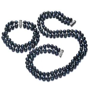 7mm AA Grade Double Row Black Pearl Necklace Bracelet Set For Women