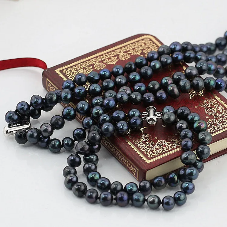 7mm AA Grade Double Row Black Pearl Necklace Bracelet Set For Women