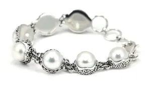925 Sterling Silver Bali Freshwater Pearl Station Bracelet